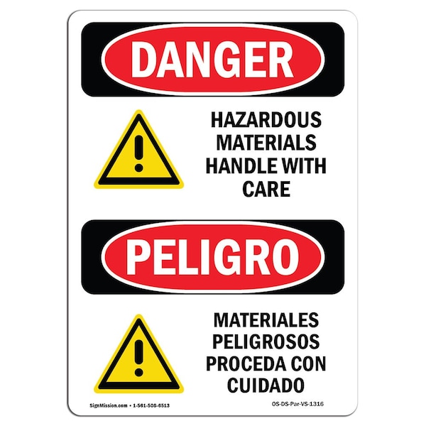 Safety Sign, OSHA Danger, 24" Height, Aluminum, Hazardous Materials Handle Care Spanish